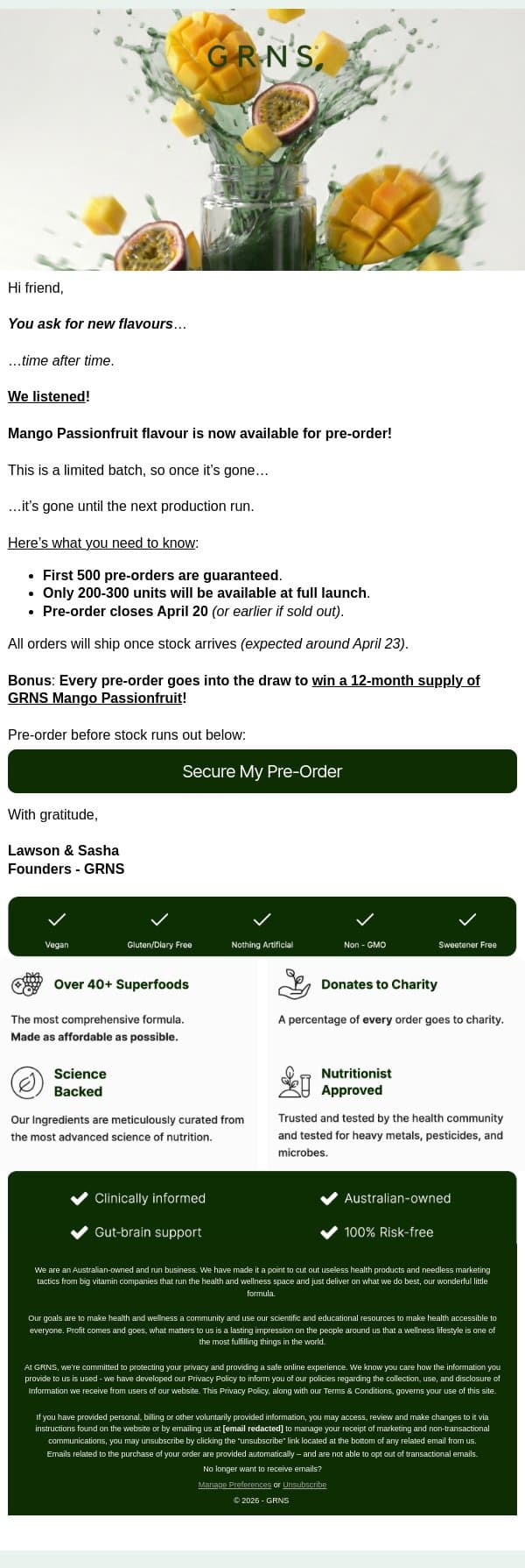 PRE-ORDER: NEW Mango Passionfruit Flavour [WIN A 12-month Supply!] email from GRNS screenshot