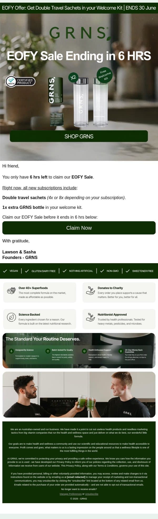 Last chance: EOFY Sale ends in 6 hours email from GRNS screenshot