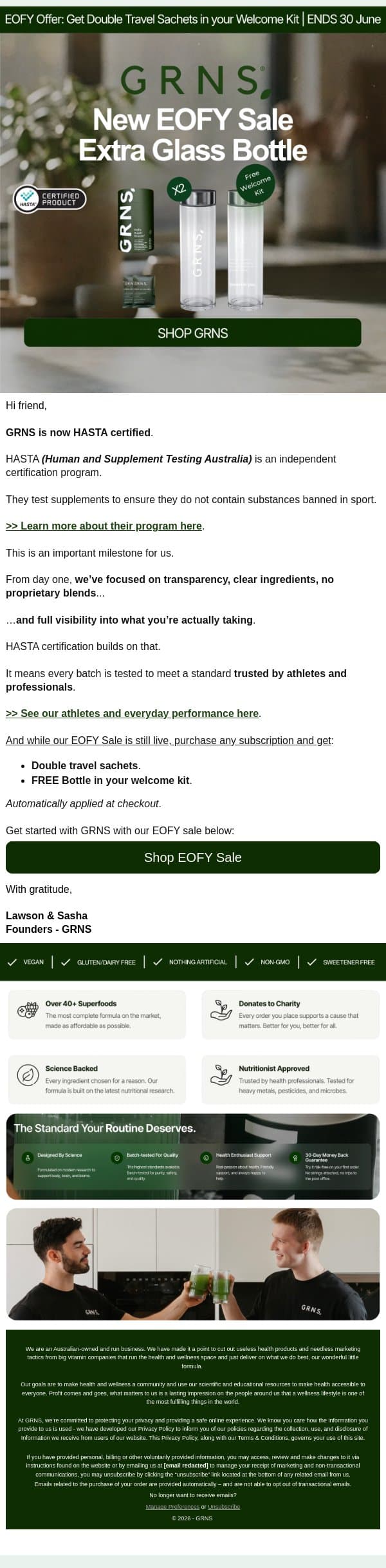 GRNS is now HASTA certified [EOFY Sale Live] email from GRNS screenshot