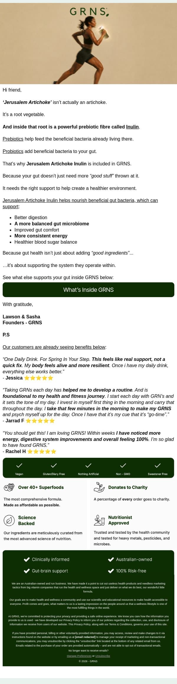 Why your gut loves this fibre (Jerusalem artichoke) email from GRNS screenshot