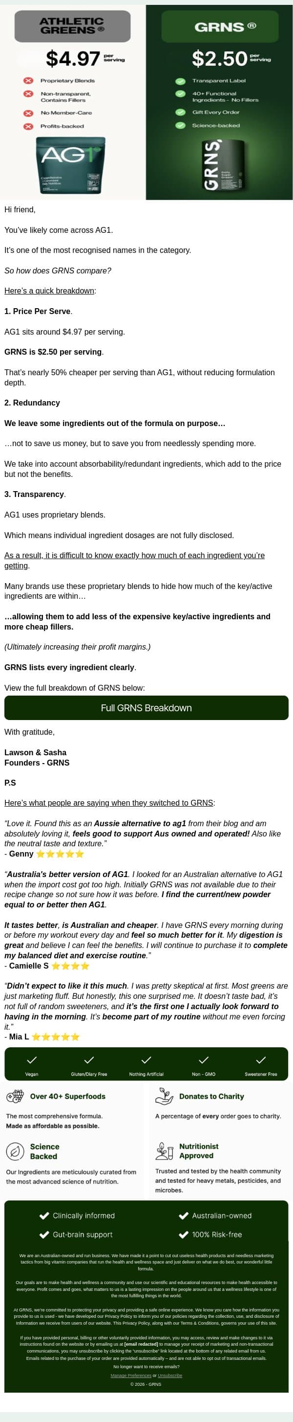 AG1 Vs GRNS: The Truth email from GRNS screenshot