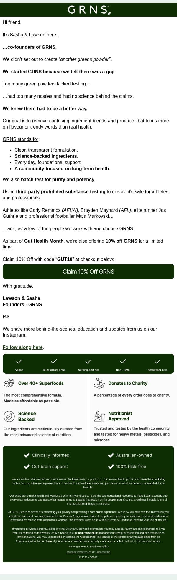Most ‘greens’ SUCK!! Here’s why: [+ 10% Off Gut Health Month] email from GRNS screenshot