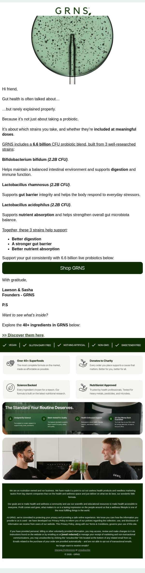 What 6.6 BILLION Probiotics actually does: email from GRNS screenshot
