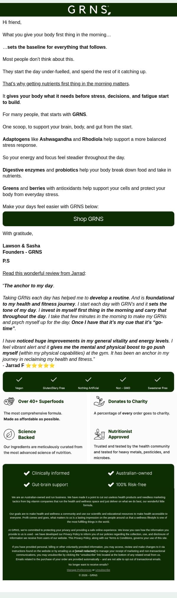 How You Start the Day Changes EVERYTHING email from GRNS screenshot