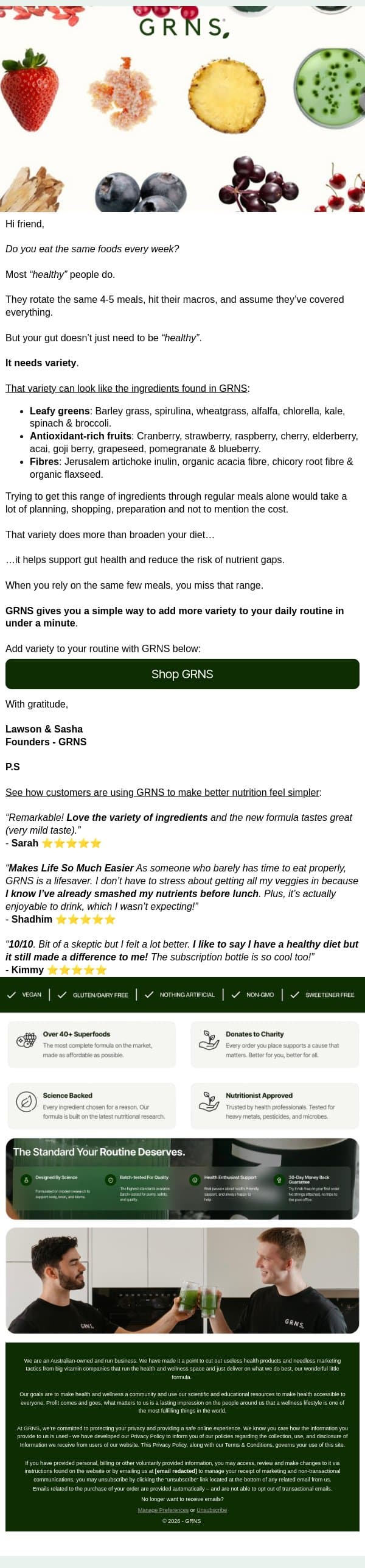 Do you eat the same foods every week? email from GRNS screenshot
