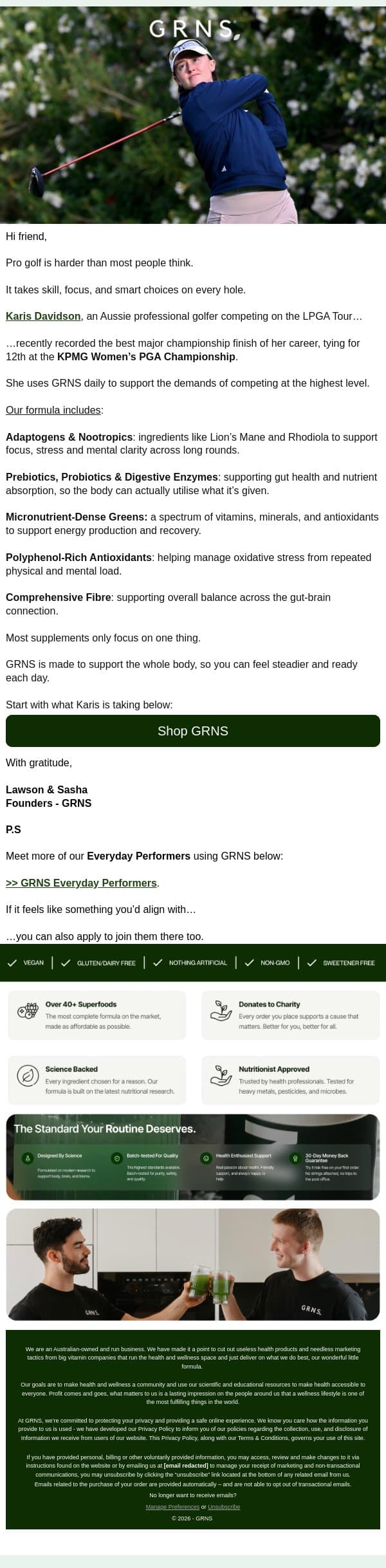 Why this professional golfer uses GRNS: email from GRNS screenshot
