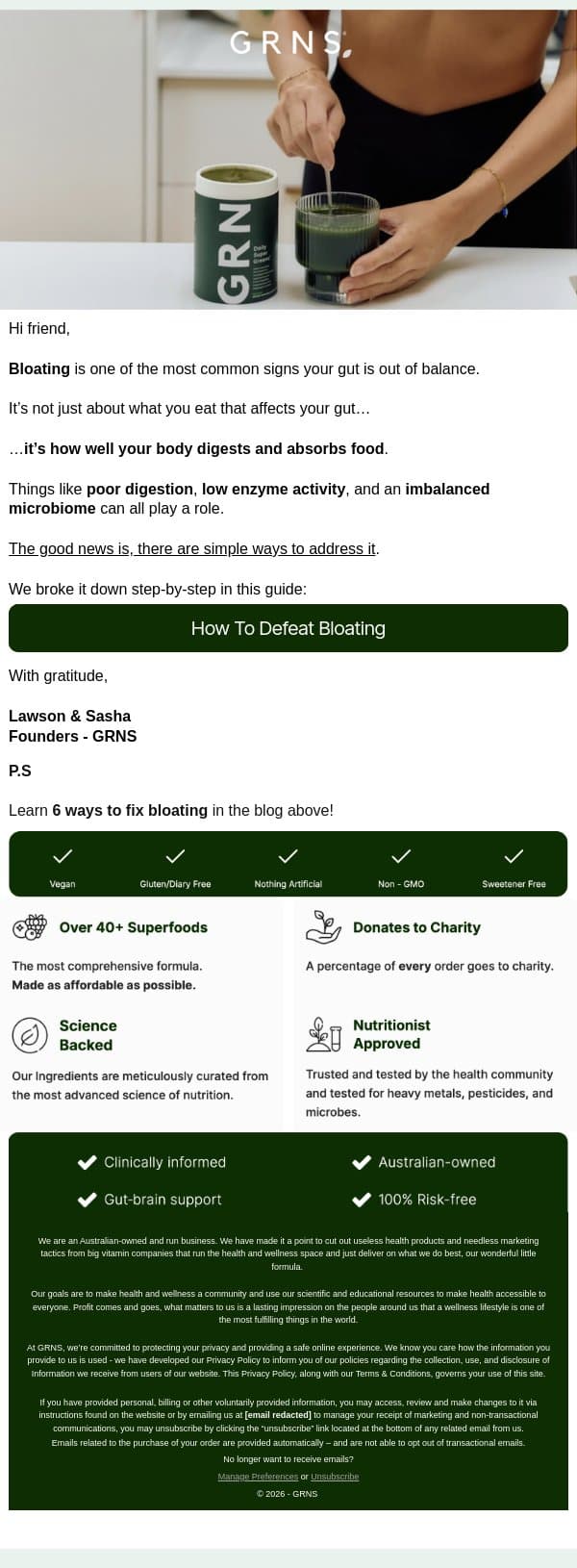 How to DEFEAT Bloating (6 Tips) email from GRNS screenshot