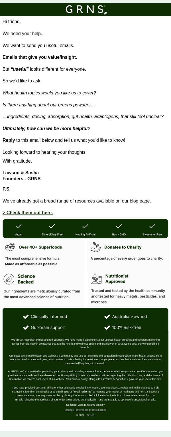 Quick Question email from GRNS screenshot