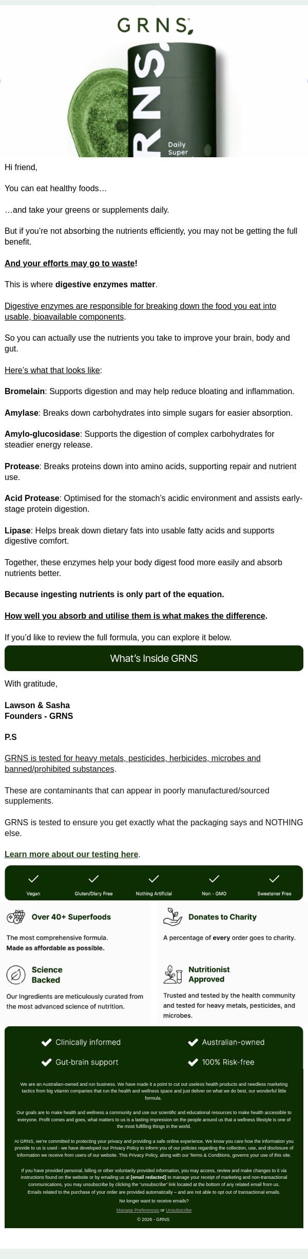 Top 6 Enzymes you NEED: email from GRNS screenshot