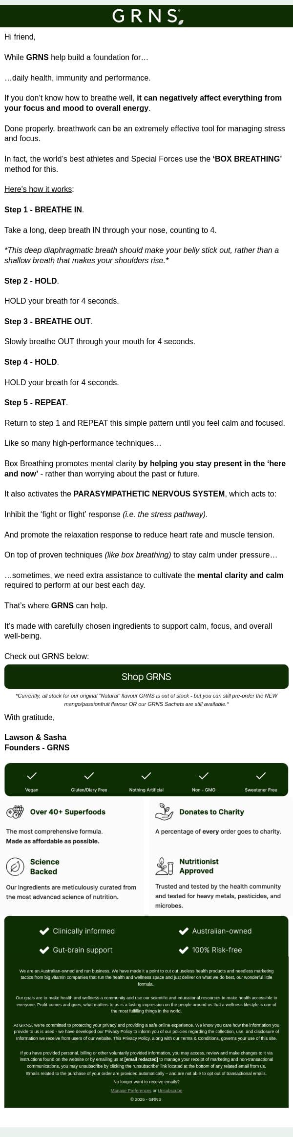 How to BREATHE to defeat STRESS email from GRNS screenshot