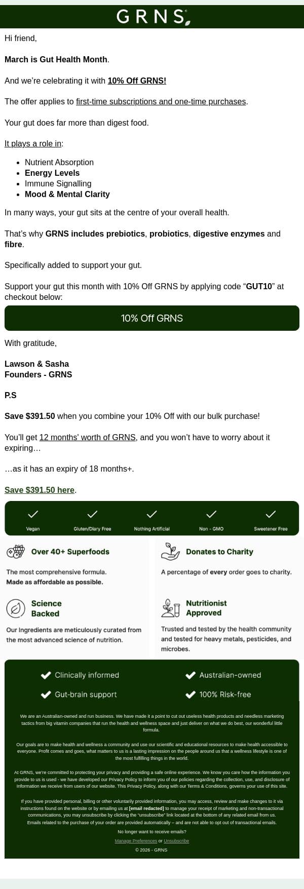 Claim 10% Off GRNS for Gut Health Month! [Save up to $391] email from GRNS screenshot