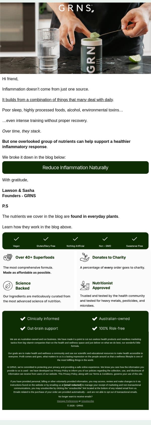 How to reduce inflammation (NATURALLY) email from GRNS screenshot