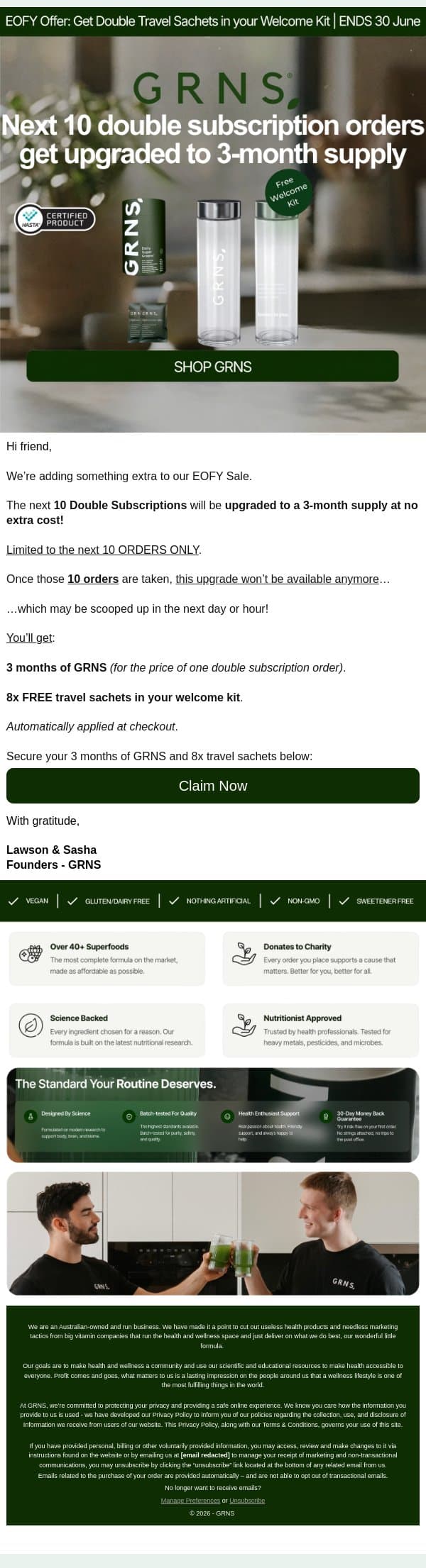 Get 3-Month Supply At No Extra Cost email from GRNS screenshot
