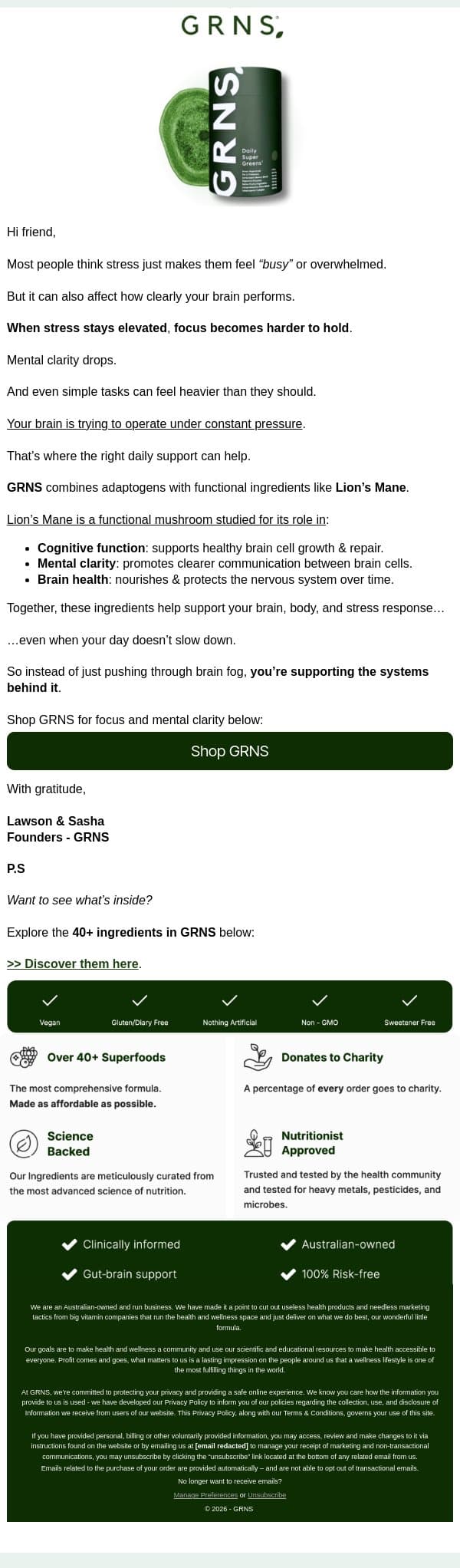 The ingredient that supports your brain under stress email from GRNS screenshot
