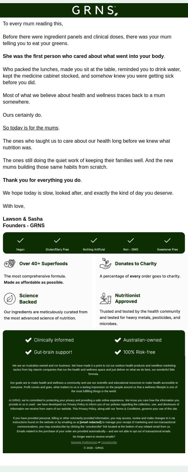 Happy Mother's Day email from GRNS screenshot