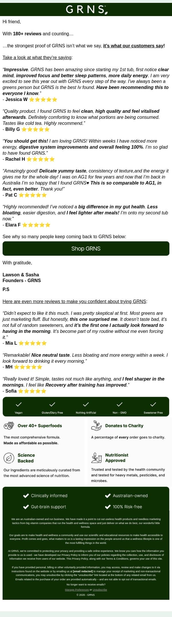 “Less bloating and more energy within a week” email from GRNS screenshot