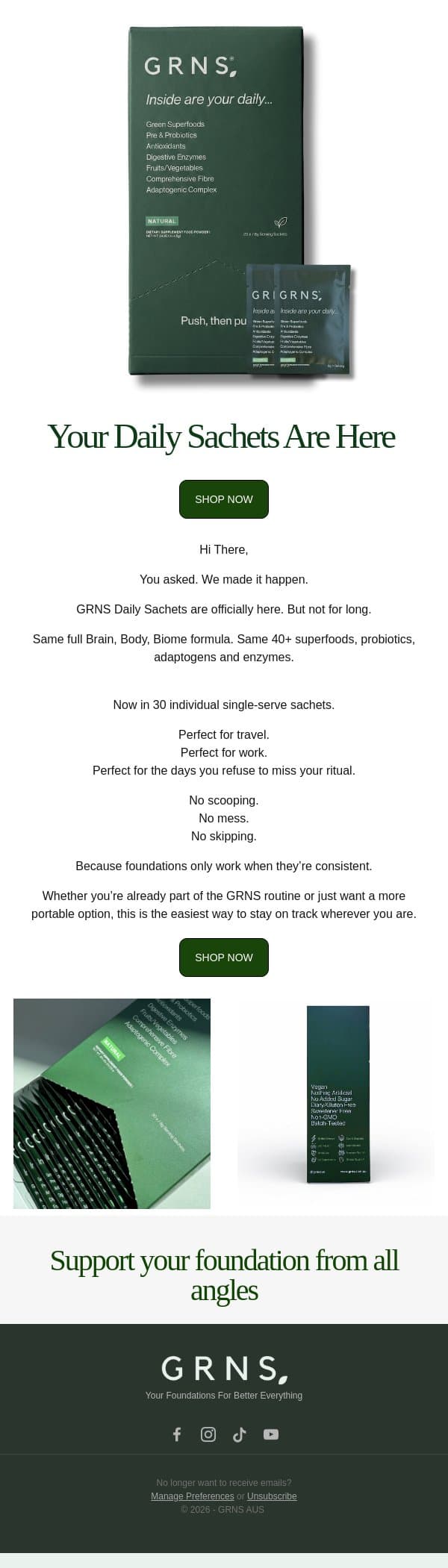 GRNS Daily Sachets Have Landed 💚 email from GRNS screenshot