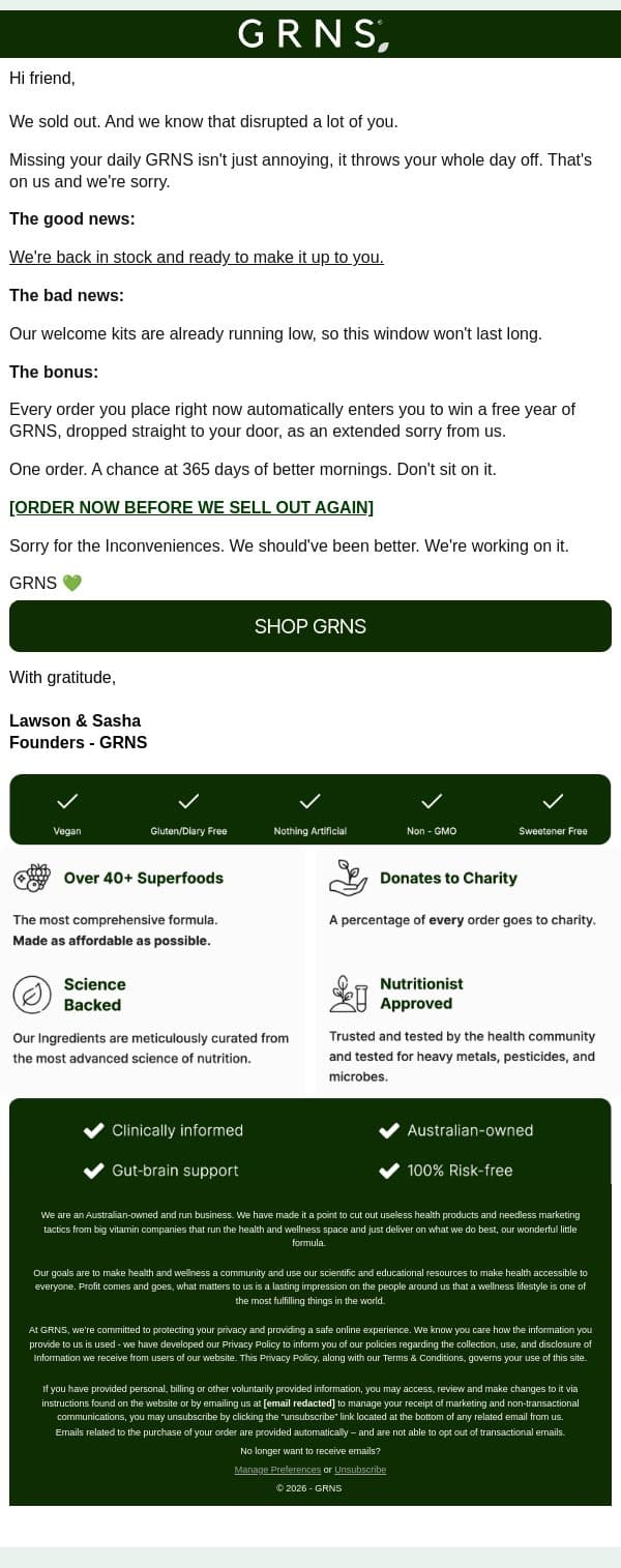Back in stock!! + a free year up for grabs. email from GRNS screenshot