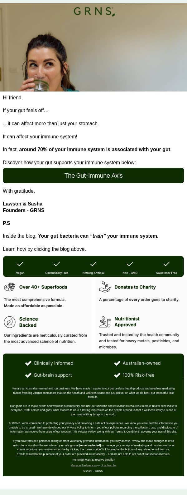 70% of your immune system lives here email from GRNS screenshot