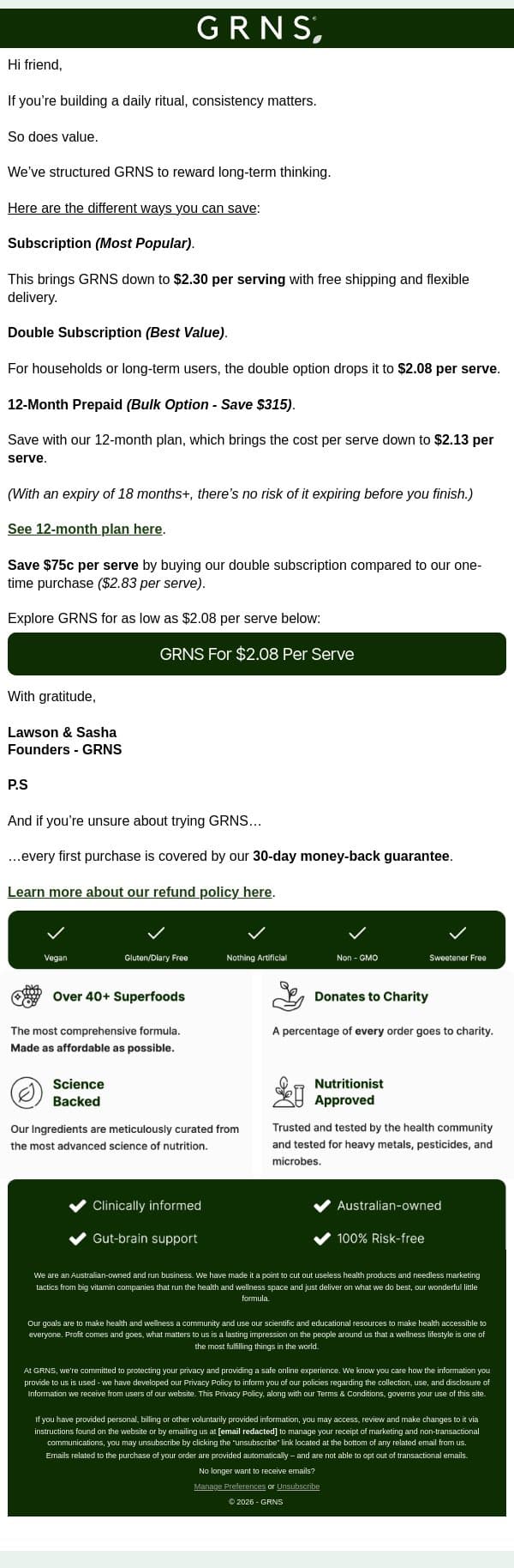 GRNS For Just $2.08 Per Serve OR Save $315! email from GRNS screenshot