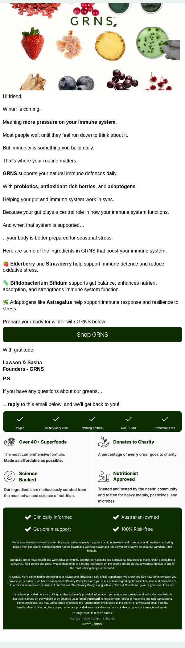 Support Your Immune System This Winter email from GRNS screenshot