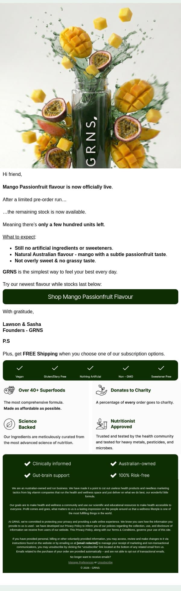 NOW AVAILABLE: Mango Passionfruit Flavour email from GRNS screenshot