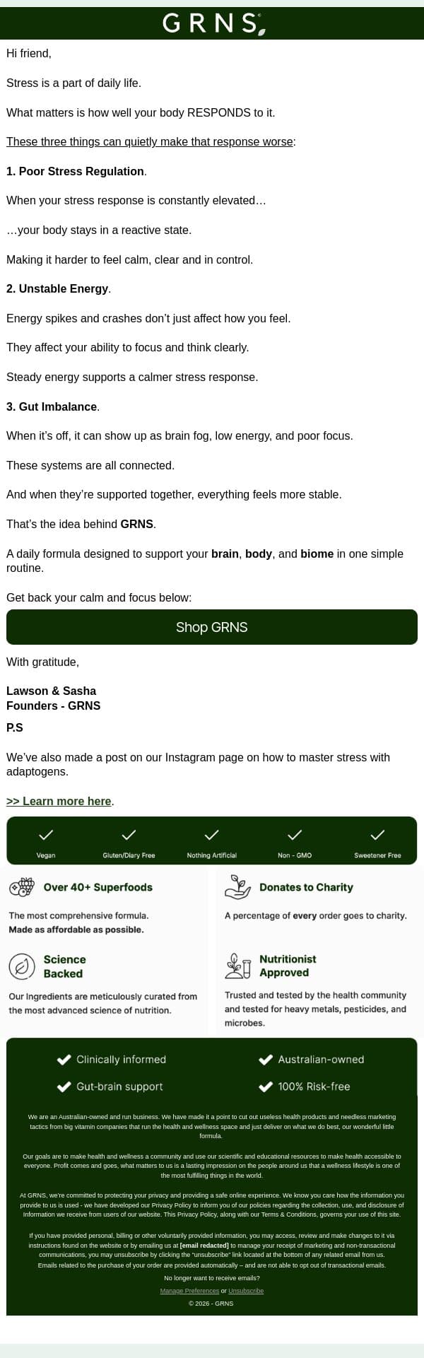 Top 3 Things Killing Your Calm & Focus email from GRNS screenshot