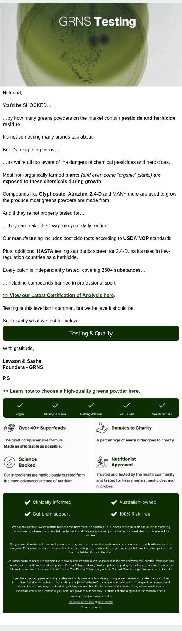 STOP Trusting Untested Greens email from GRNS screenshot