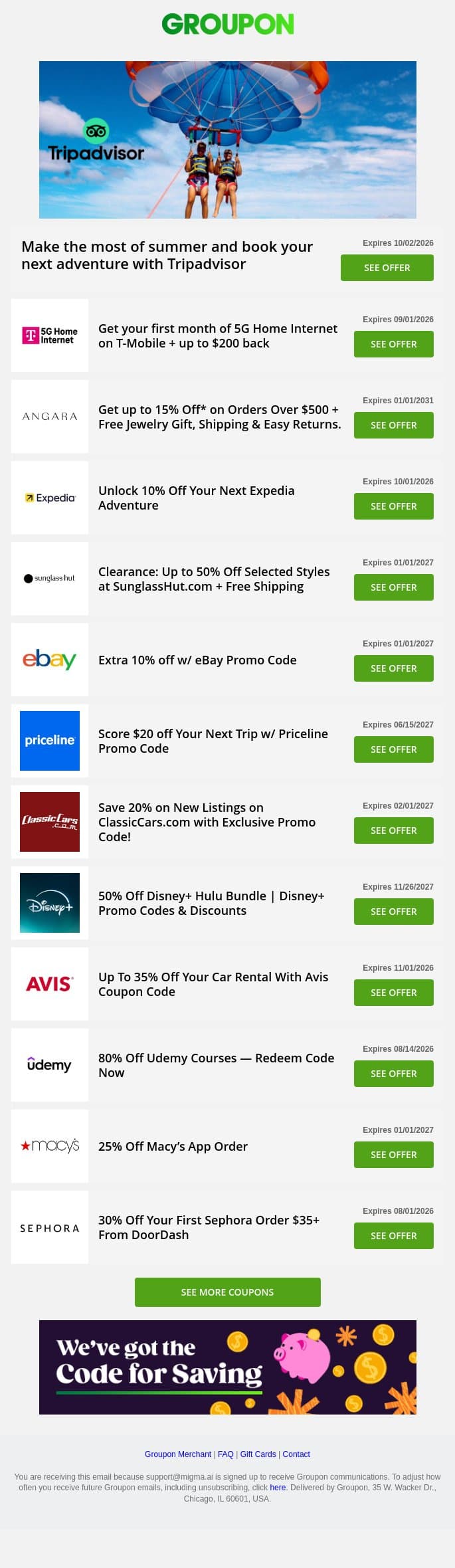 Tripadvisor - summer adventures • Angara - 15% off • Avis - up to 35% off + more! email from Groupon screenshot