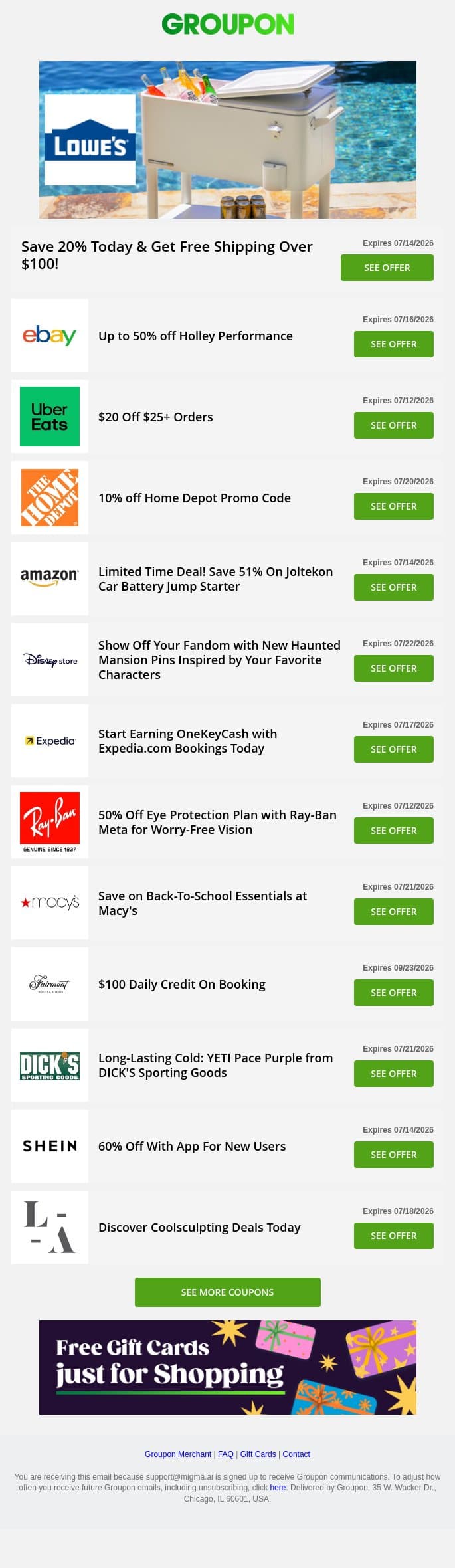 Lowe's - Save 20% Today • eBay - Up to 50% Off • Uber Eats - $20 Off + more! email from Groupon screenshot