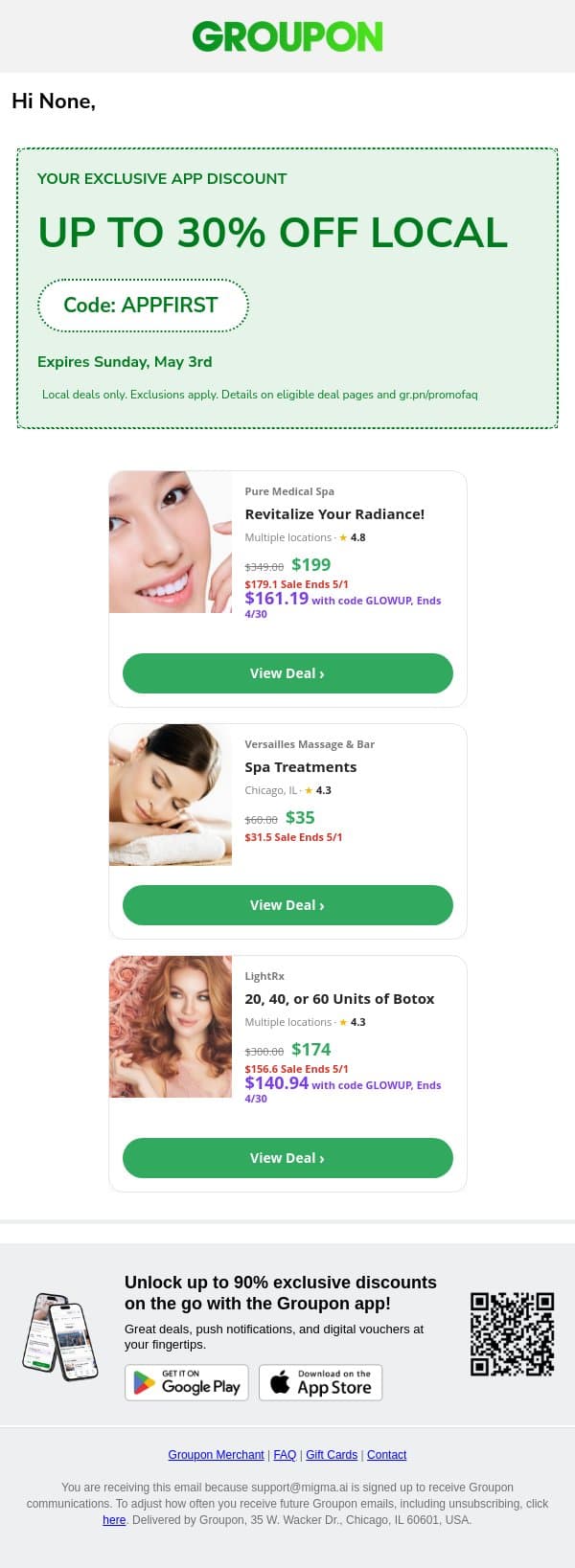 Hi None, your shortcut to 30% off local deals 📍 email from Groupon screenshot