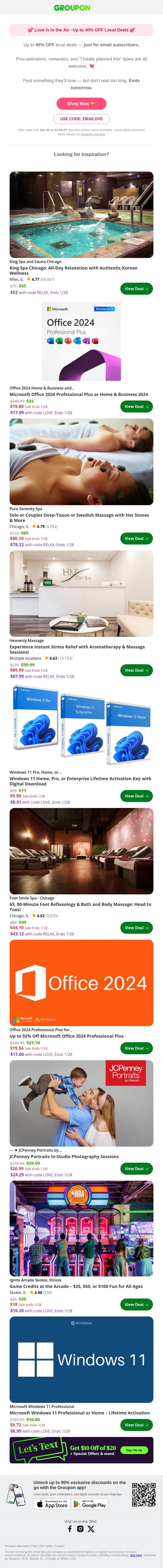 Up to 40% OFF for Valentine’s ❤️ email from Groupon screenshot