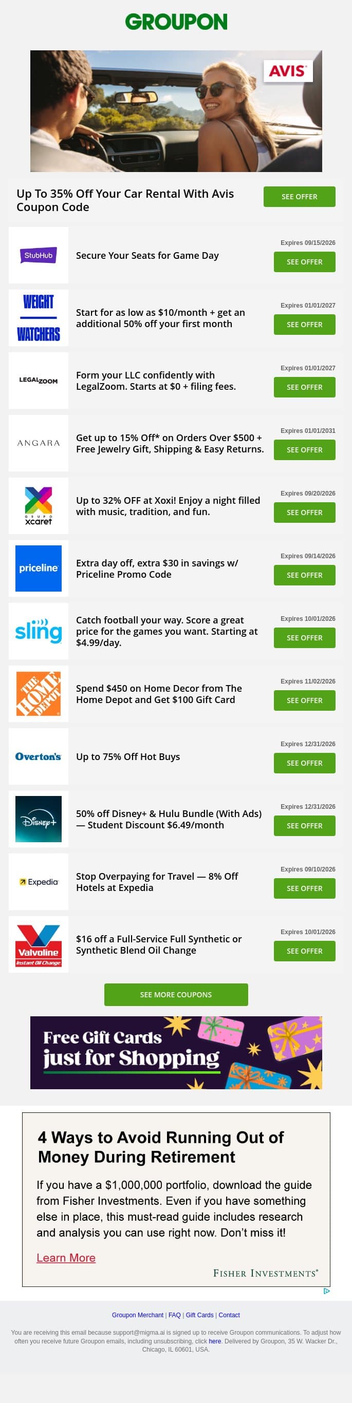 Avis - up to 35% off • Valvoline - $16 off • Priceline - $30 off + more! email from Groupon screenshot
