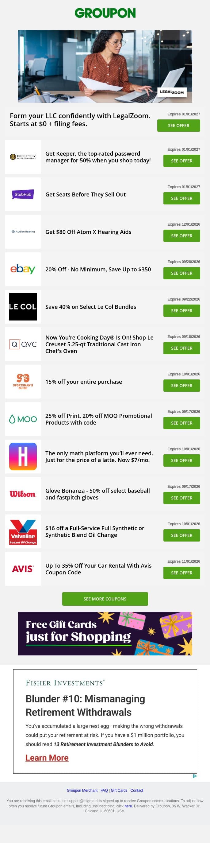 LegalZoom - LLC from $0 • eBay - 20% off • Keeper - 50% off + more! email from Groupon screenshot