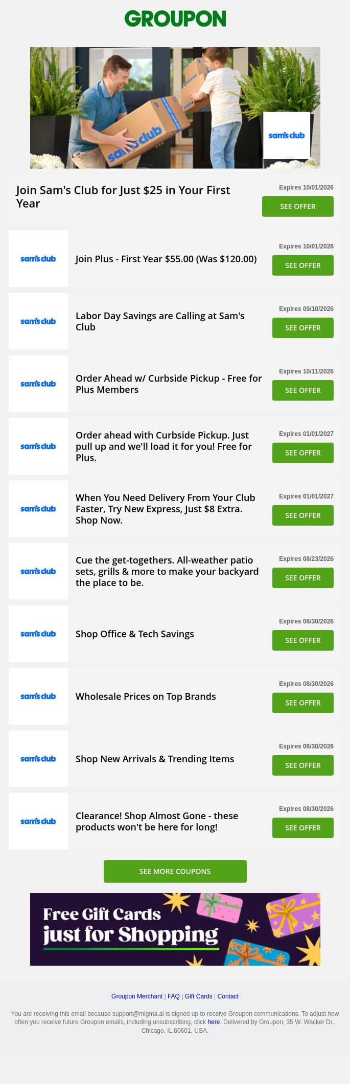 Join Sam's Club for Just $25 in Your First Year + more! email from Groupon screenshot