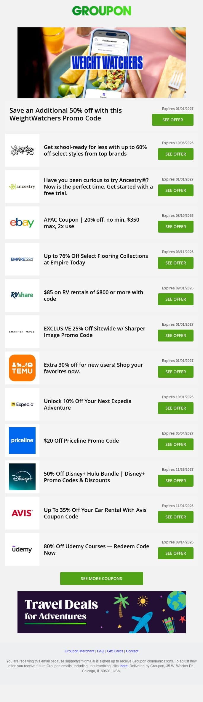 WeightWatchers - 50% off • Udemy - 80% off • Disney+ - 50% off + more! email from Groupon screenshot