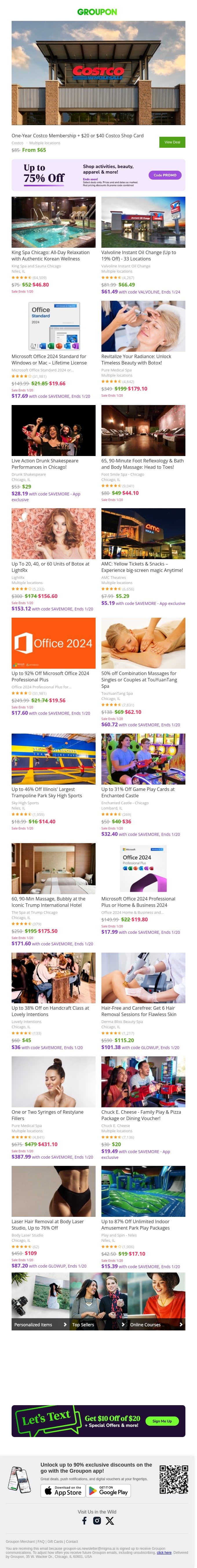 One-Year Costco Membership + $20 or $40 Costco Shop Card email from Groupon screenshot
