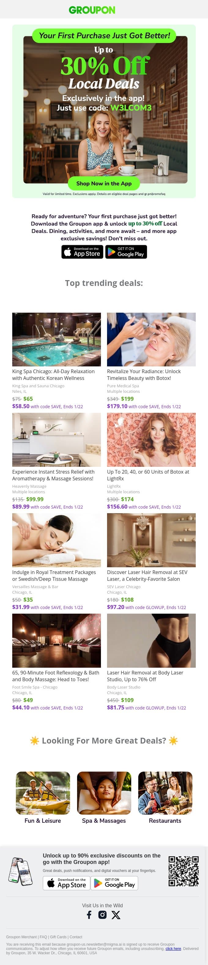 Don't miss out on up to 30% OFF local deals! email from Groupon screenshot