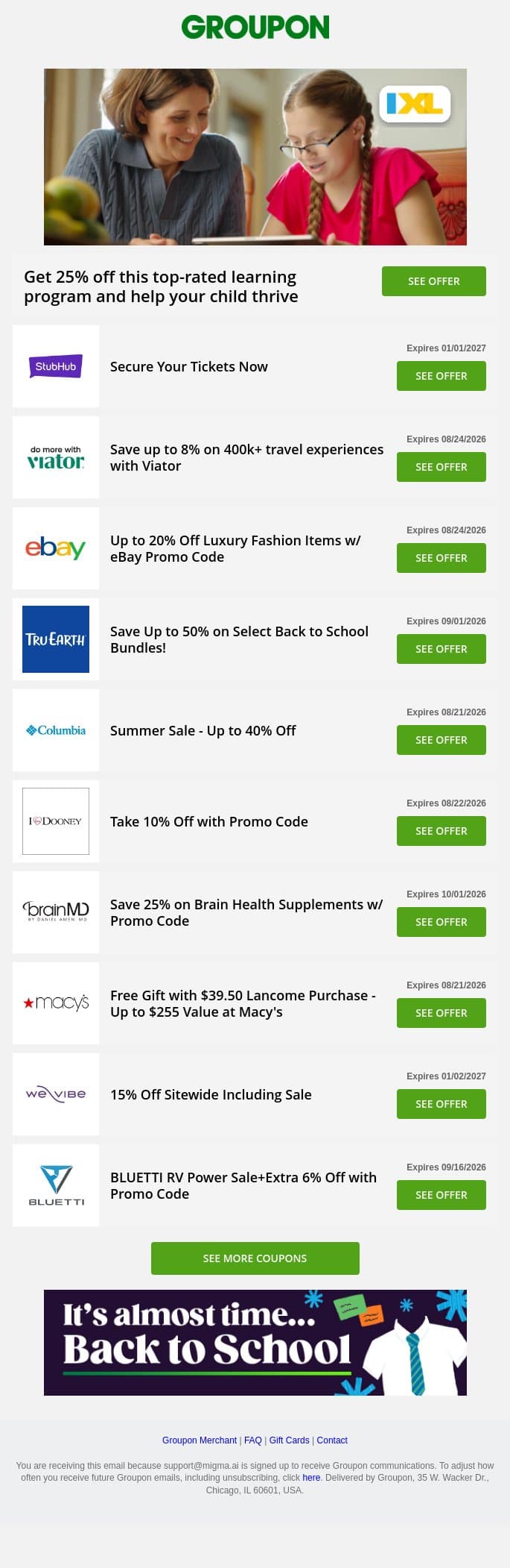 IXL - 25% off • Tru Earth - 50% off • eBay - 20% off + more! email from Groupon screenshot