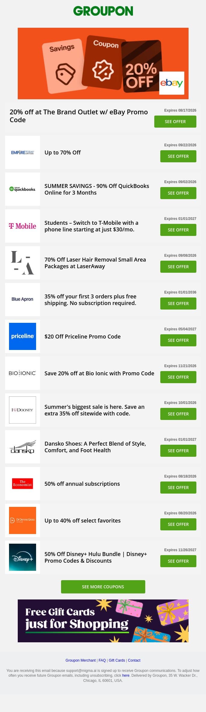 Ebay - 20% off • Priceline - $20 off • Quickbooks - 90% off + more! email from Groupon screenshot