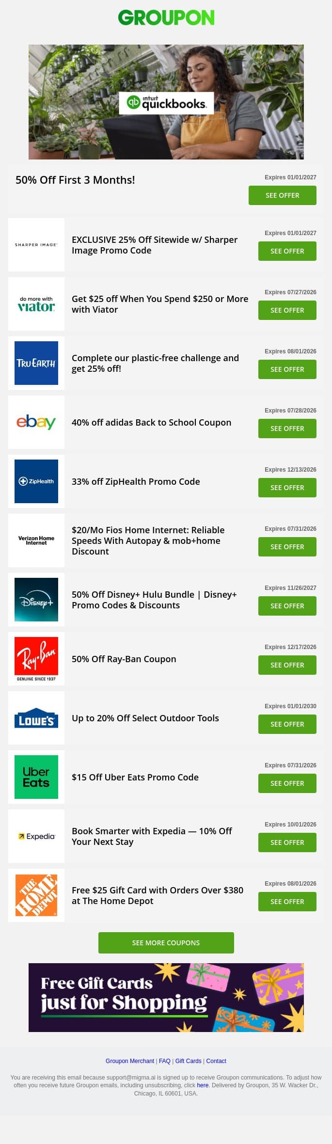 Quickbooks - 50% Off • eBay - 40% off • Viator - $25 Off + more! email from Groupon screenshot