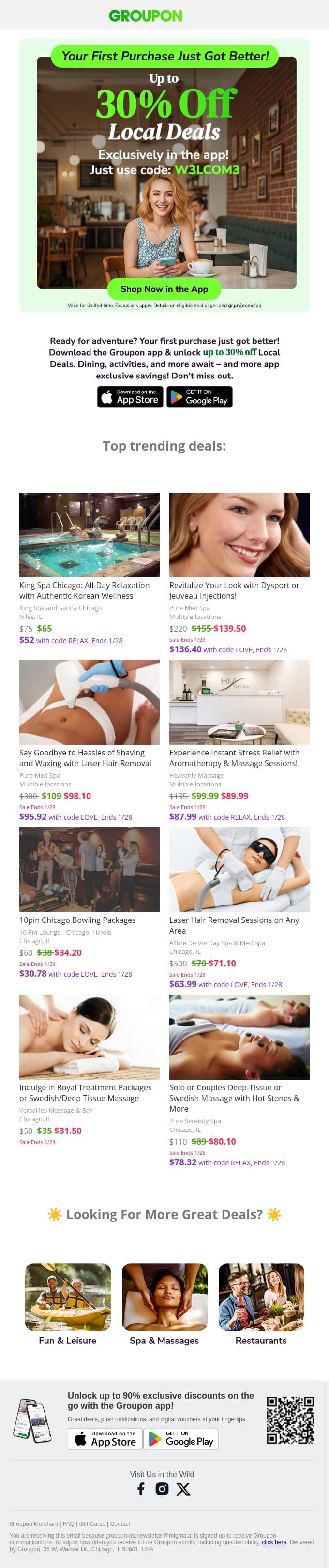 Last chance for up to 30% OFF local deals. email from Groupon screenshot