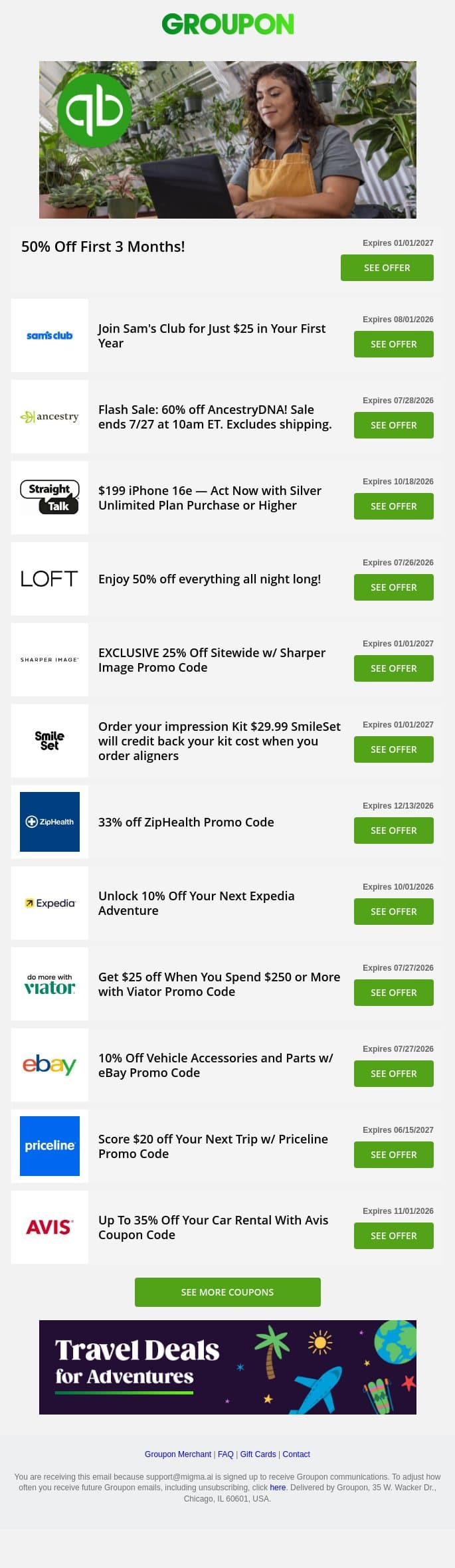 Quickbooks - 50% off • Avis - up to 35% off • Expedia - 10% off + more! email from Groupon screenshot
