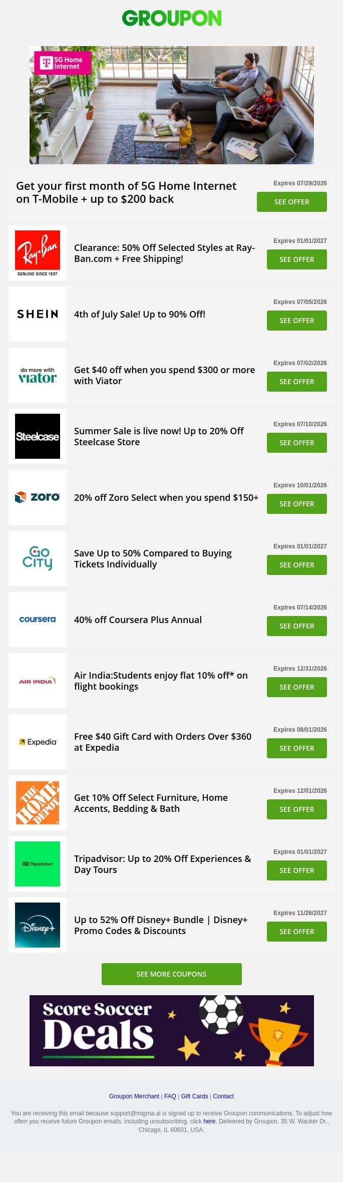 Ray-Ban - 50% off • Coursera - 40% off • SHEIN - 90% off + more! email from Groupon screenshot
