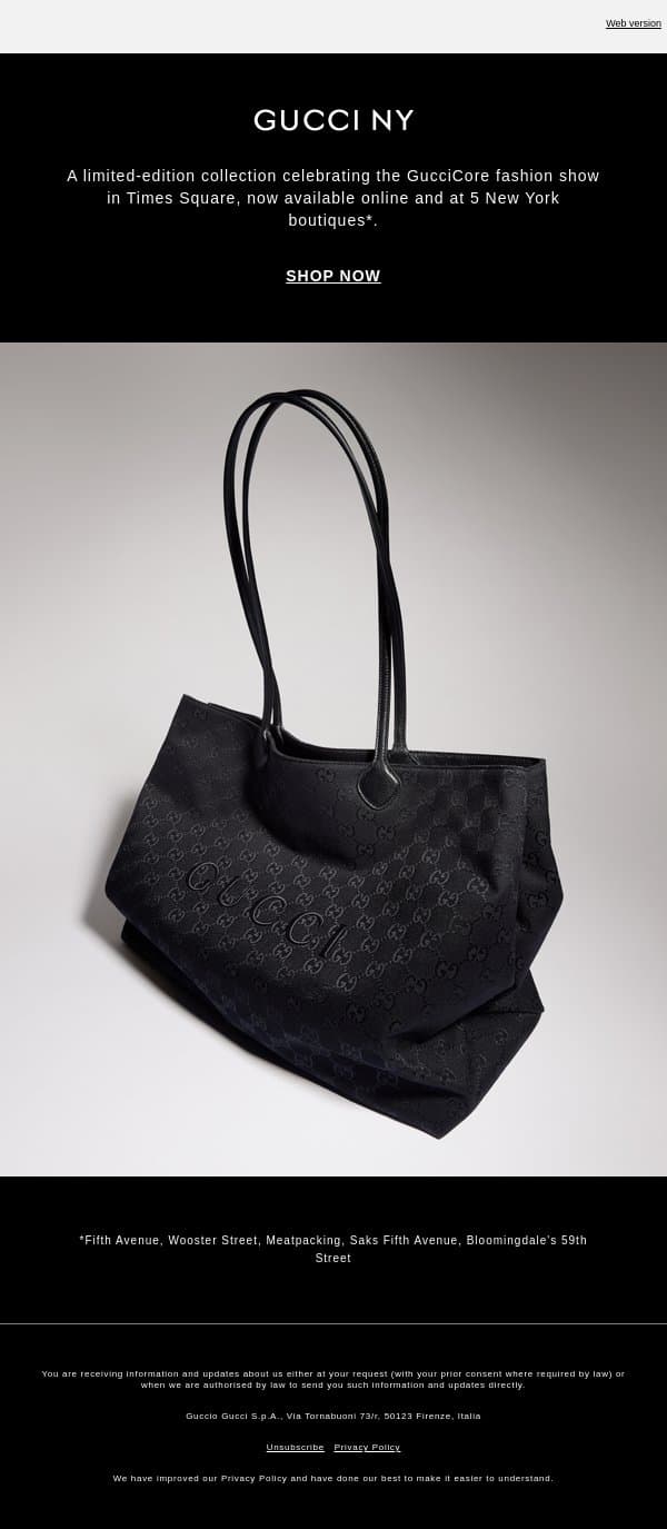 Exclusive Styles from Gucci NY email from Gucci screenshot