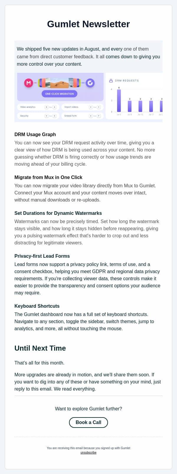 August Updates are live! See what's new in Gumlet: Mux migration, smarter watermarks & more email from Gumlet screenshot