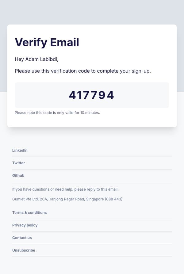 Email Verification Code email from Gumlet screenshot