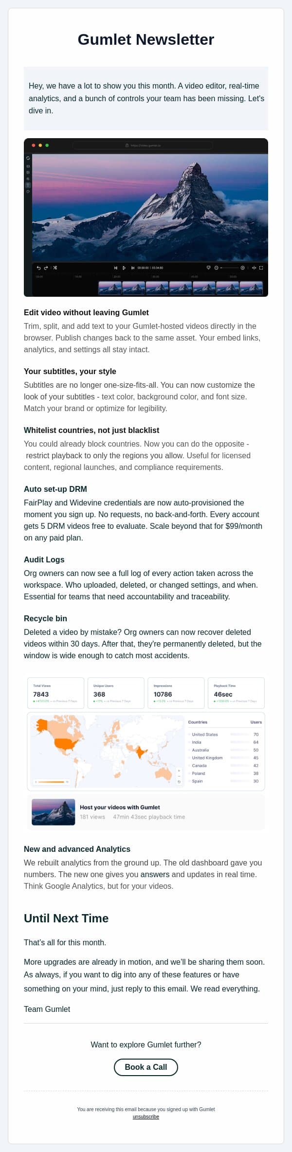 New: in-browser video editor, real-time analytics, and more email from Gumlet screenshot