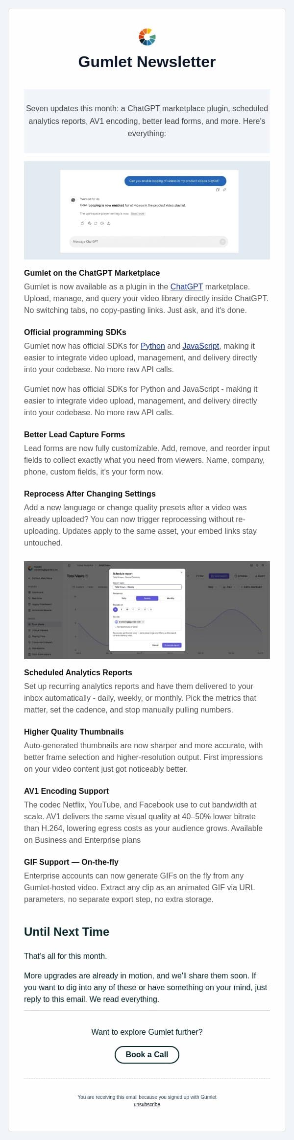 Gumlet is now on the ChatGPT marketplace. Plus AV1 support, scheduled reports, better lead forms, and more. email from Gumlet screenshot