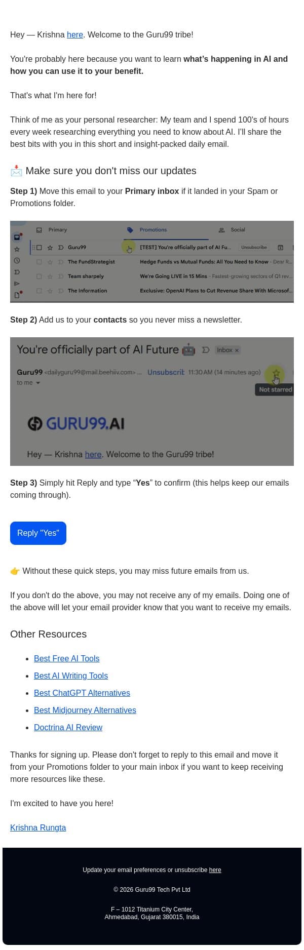 You're officially part of AI Future 🤖 email from Guru99 screenshot